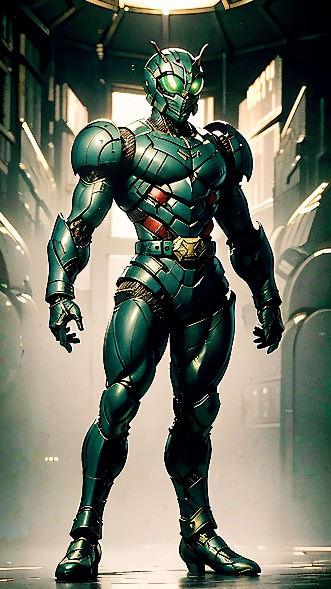 A man wearing a full-face helmet, a fantasy-style biotech armored combat suit, green eyes, (a composite layered chest armor), fully enclosed shoulder guards, matching arm and leg guards, the belt is adorned with Beetle-shaped gem, (the color scheme is primarily black with red accents), the design balances heavy with agility, a high-tech bio-mecha armor, (Dynastinae concept Armor, stand on the top of a skyscraper in a futuristic sci-fi city), this character embodies a finely crafted fantasy-surreal style armored hero in anime style, exquisite and mature manga art style, (element, plasma, energy, the armor glows), ((male:1.5)), metallic, real texture material, dramatic, high definition, best quality, highres, ultra-detailed, ultra-fine painting, extremely delicate, professional, perfect body proportions, golden ratio, anatomically correct, symmetrical face, extremely detailed eyes and face, high quality eyes, creativity, RAW photo, UHD, 32k, Natural light, cinematic lighting, masterpiece-anatomy-perfect, masterpiece:1.5