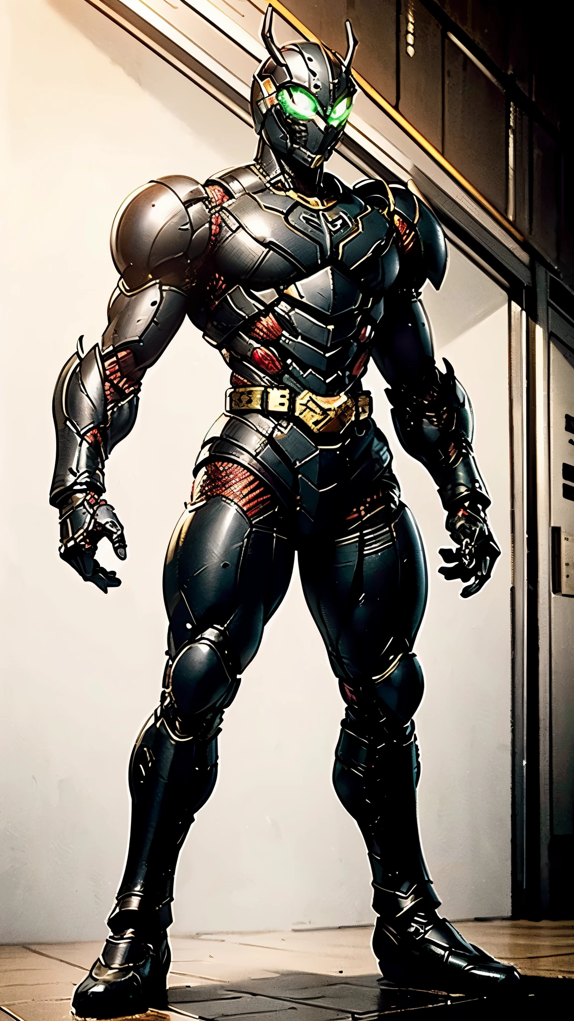 A man wearing a full-face helmet, a fantasy-style biotech armored combat suit, green eyes, (a composite layered chest armor), fully enclosed shoulder guards, matching arm and leg guards, the belt is adorned with Beetle-shaped gem, (the color scheme is primarily black with red accents), the design balances heavy with agility, a high-tech bio-mecha armor, (Dynastinae concept Armor, stand on the top of a skyscraper in a futuristic sci-fi city), this character embodies a finely crafted fantasy-surreal style armored hero in anime style, exquisite and mature manga art style, (element, plasma, energy, the armor glows), ((male:1.5)), metallic, real texture material, dramatic, high definition, best quality, highres, ultra-detailed, ultra-fine painting, extremely delicate, professional, perfect body proportions, golden ratio, anatomically correct, symmetrical face, extremely detailed eyes and face, high quality eyes, creativity, RAW photo, UHD, 32k, Natural light, cinematic lighting, masterpiece-anatomy-perfect, masterpiece:1.5