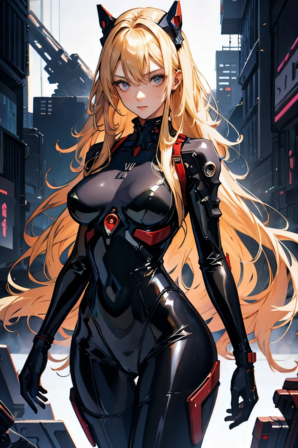 Female young woman, lithe body, curvy, very large breasts, black latex bodysuit, sci-fi, evangelion, anime, catsuit, long blonde hair, cyberpunk