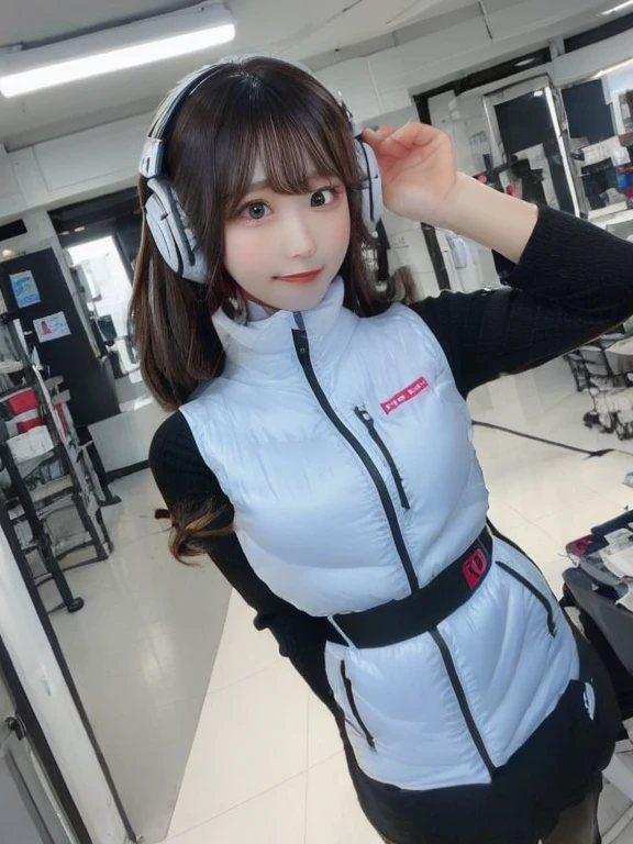 masterpiece, highest quality, Very detailed, 8K Portrait,japanese android girl,Plump , Control panel,Robotic arms and legs, Blunt bangs,,BREAK (metallic gray, metallic luster, mirror finish, astrovest):5,headphone:5,BREAK (black sleeves):100,smartwatch,futuristic space station,control room,BREAK headphone,blue eyes,(black hair):2,(long hair):1.3,look at viewer,(Respirator),BREAK blush:3,hidden hands,smile