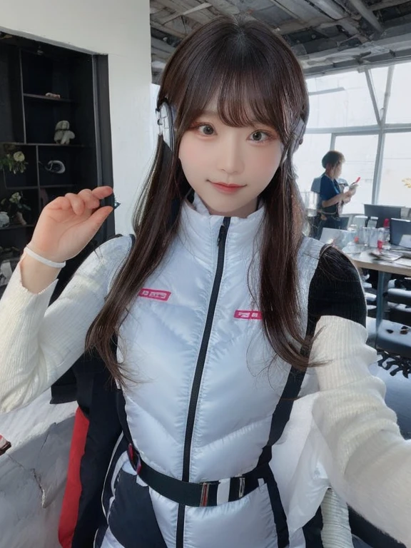 masterpiece, highest quality, Very detailed, 8K Portrait,japanese android girl,Plump , Control panel,Robotic arms and legs, Blunt bangs,,BREAK (metallic gray, metallic luster, mirror finish, astrovest):5,headphone:5,BREAK (black sleeves):100,smartwatch,futuristic space station,control room,BREAK headphone,blue eyes,(black hair):2,(long hair):1.3,look at viewer,(Respirator),BREAK blush:3,hidden hands,smile