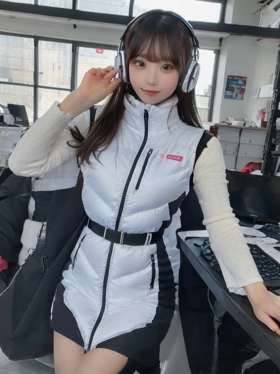 masterpiece, highest quality, Very detailed, 8K Portrait,japanese android girl,Plump , Control panel,Robotic arms and legs, Blunt bangs,,BREAK (metallic gray, metallic luster, mirror finish, astrovest):5,headphone:5,BREAK (black sleeves):100,smartwatch,futuristic space station,control room,BREAK headphone,blue eyes,(black hair):2,(long hair):1.3,look at viewer,(Respirator),BREAK blush:3,hidden hands,smile