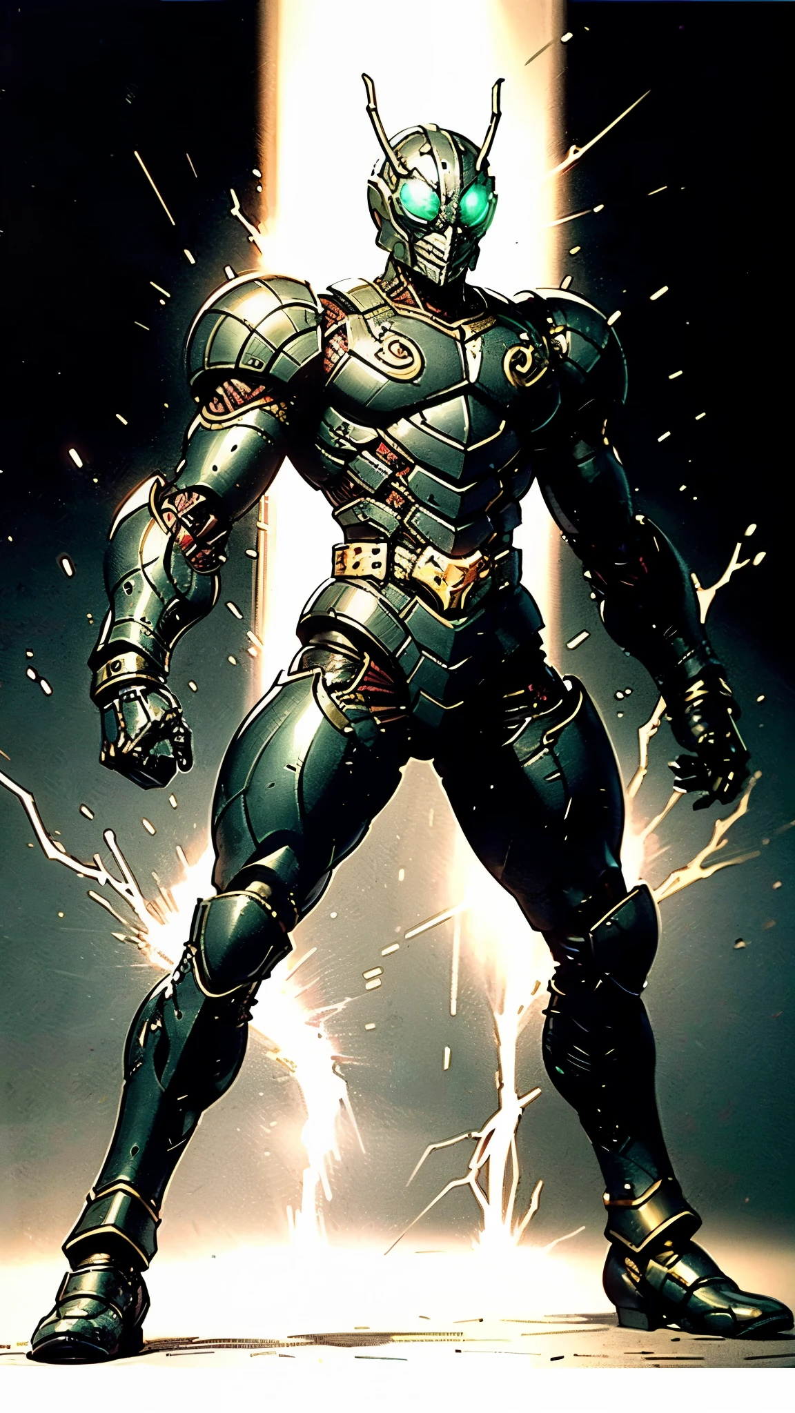 A man wearing a full-face helmet, a fantasy-style biotech armored combat suit, green eyes, (a composite layered chest armor), fully enclosed shoulder guards, matching arm and leg guards, the belt is adorned with Beetle-shaped gem, (the color scheme is primarily black with red accents), the design balances heavy with agility, a high-tech bio-mecha armor, (Dynastinae concept Armor, stand on the top of a skyscraper in a futuristic sci-fi city), this character embodies a finely crafted fantasy-surreal style armored hero in anime style, exquisite and mature manga art style, (element, plasma, energy, the armor glows), ((male:1.5)), metallic, real texture material, dramatic, high definition, best quality, highres, ultra-detailed, ultra-fine painting, extremely delicate, professional, perfect body proportions, golden ratio, anatomically correct, symmetrical face, extremely detailed eyes and face, high quality eyes, creativity, RAW photo, UHD, 32k, Natural light, cinematic lighting, masterpiece-anatomy-perfect, masterpiece:1.5