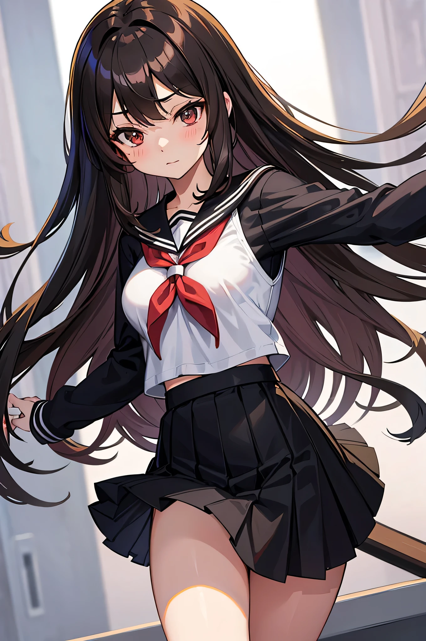 an anime character with long brown tresses and a short miniskirt in sailor very open outfit, holding a bow and arrow, 1girl, solo, lift miniskirt, sexy, very short school uniform, sexy, short serafuku, firm medium breasts, long hair, black hair, cowboy miniskirt, looking at viewer, white background, simple background, black serafuku, pleated skirt, blush, random low angle, uncensored, 70% nude, nsfw, see vagina, all intricate details