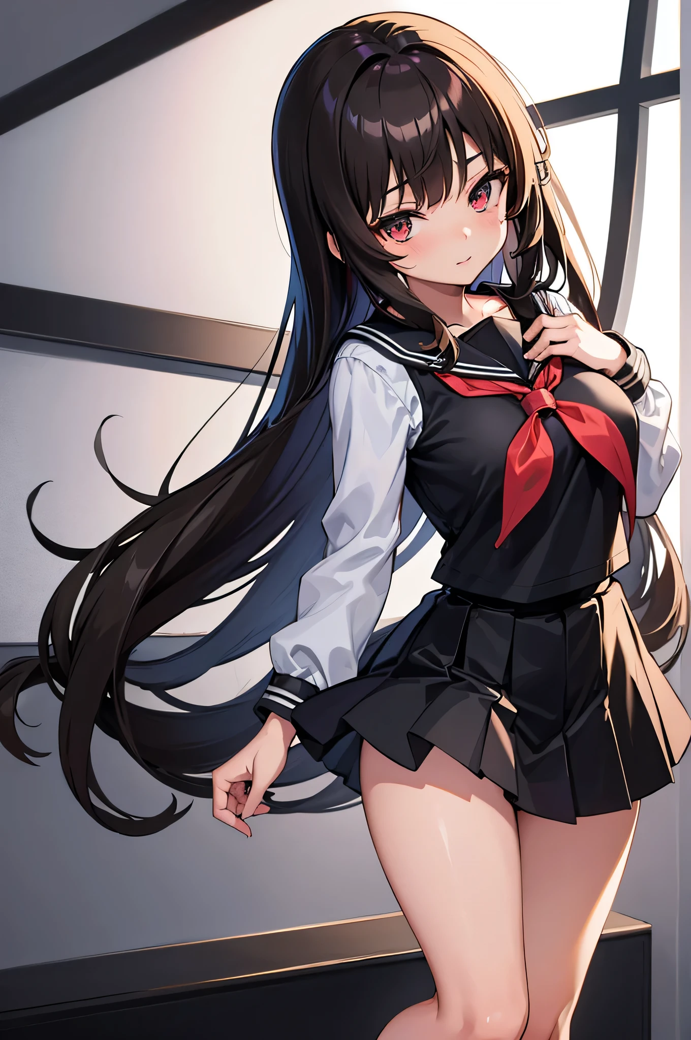 an anime character with long brown tresses and a short miniskirt in sailor very open outfit, holding a bow and arrow, 1girl, solo, lift miniskirt, sexy, very short school uniform, sexy, short serafuku, firm medium breasts, long hair, blouse with wide neckline and open unbuttoned, black hair, cowboy miniskirt, looking at viewer, white background, simple background, black serafuku, pleated skirt, blush, random low angle, uncensored, 90% nude, nsfw, all intricate details