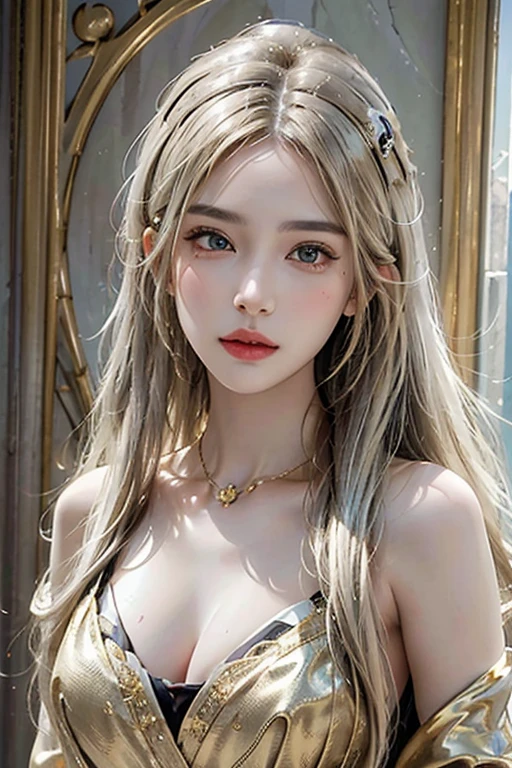 (Photorealistic:1.5),((Detailed beautiful face, detailed beautiful wide eyes)),((masterpiece,ultra high quality, ultra high resolution:1.2)),((realistic skin, very detailed details:1.2)),(unity 16K wallpaper:1.1),(HD quality,HDR),((The style of a surrealist painter, a masterpiece of ultra-realistic portraits, an epic work of a photography expert)),((nikon d750 f/1.4 55mm)),((dynamic angle,professional lighting, physically-based rendering)),((Bright colors)),((Portrait)),((Venus of the East)),ultra detailed 8k cg,intricate detail,delicate patern,jewelry,gem,gold,golden,gold theme,shiny,glint,sparkle,blonde hair,yellow cloak,Gorgeous gold ornaments, intricate details,ornate jewelry accessories,Gorgeous fringe, intricate details,Various gemstones:1.2),rich,prestige,gothic architecture,(topless:1.1)