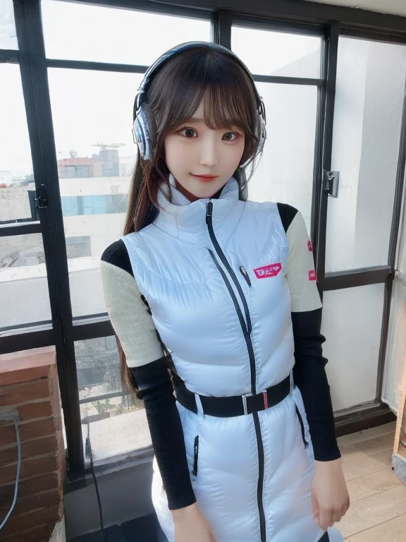 masterpiece, highest quality, Very detailed, 8K Portrait,japanese android girl,Plump , Control panel,Robotic arms and legs, Blunt bangs,,BREAK (metallic gray, metallic luster, mirror finish, astrovest):5,headphone:5,BREAK (black sleeves):100,smartwatch,futuristic space station,control room,BREAK headphone,blue eyes,(black hair):2,(long hair):1.3,look at viewer,(Respirator),BREAK blush:3,hidden hands,smile