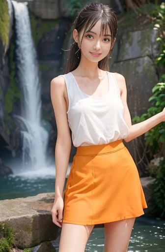 a lot of details, (slender waist), 30 years old, detailed black hair, beautiful detailed hair, super fucking beautiful, complex details beautiful and delicate eyes, perfect hands, (small breasts best quality), perfect and delicate limbs, detailed skin, best quality, ultra-detailed,
(the girl is by the waterfall:1.2), (extreme long shot:1.1), Girls' Front, outstretched arms, (soaked:1.1), Air bangs, high ponytail, (cheerful grin), (white tank top), (orange long skirt:1.2), sandals, (detailed wet clothes:1.3), water splash, mountain,