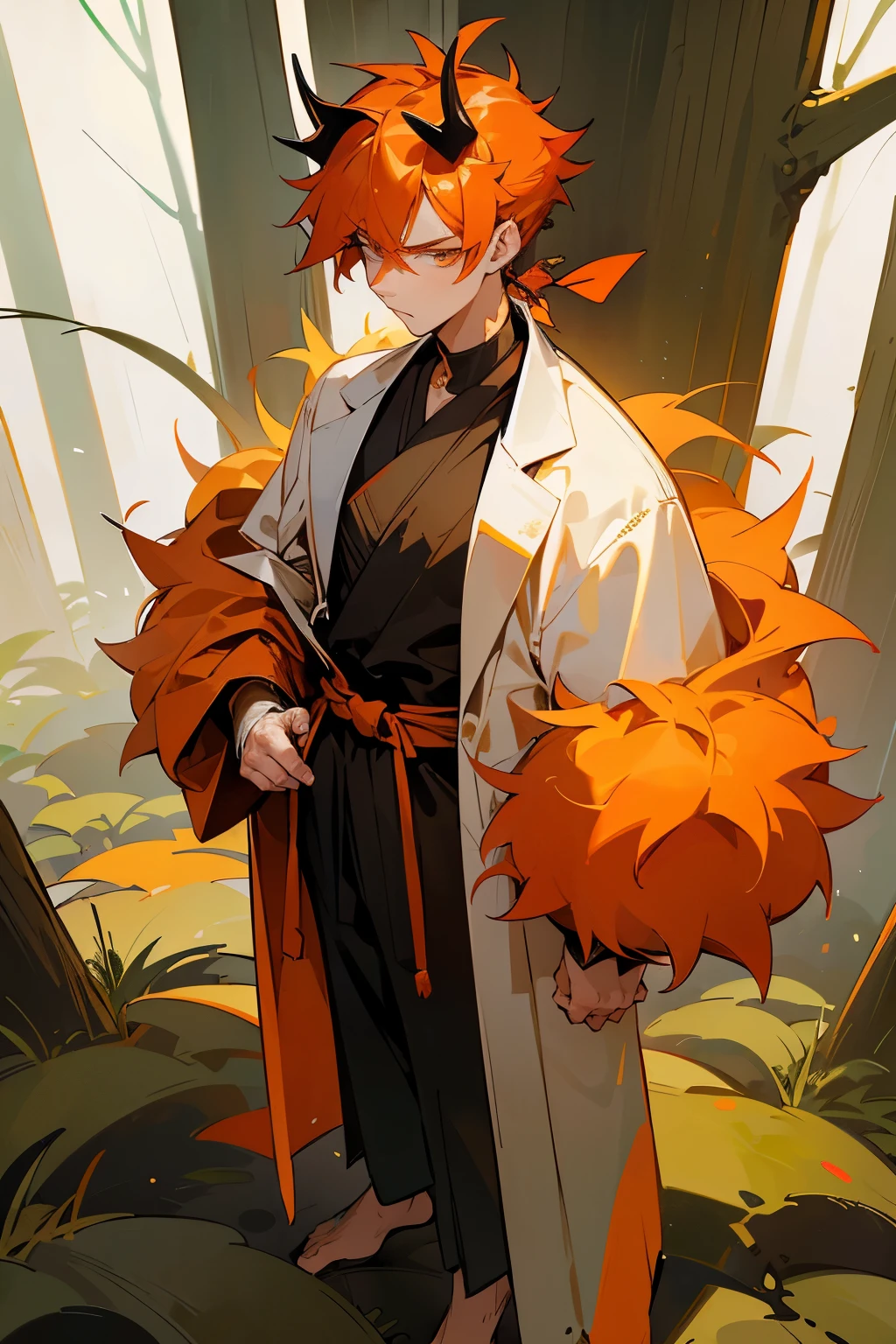 Masterpiece Quality, Perfect Generation, Detailed Eyes, , , Orange Medium Messy Spiky Hair Undercut, Hair Tied, , , , Male, , Detailed Eyes, Standing In Forest City, Facing Viewer, , Male, , Full Body, , Orange Hair, Orange Eyeliner, Horns, Muscular, , Orange And White Robes, Serious Face