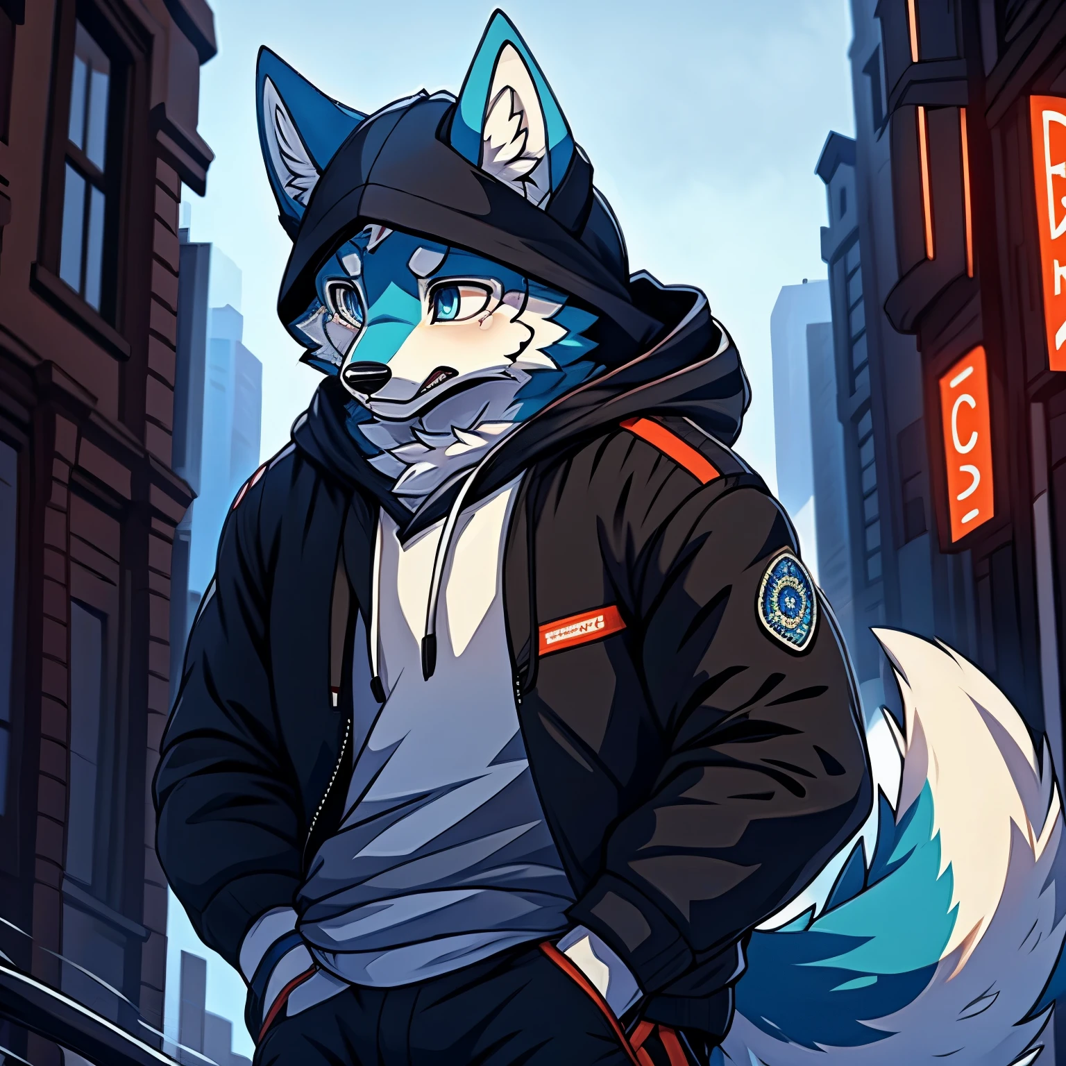 furry,blue fur,male people,wolf,right blue eyes, hooded jacket,tears,rain,city,look at the sky,best quality, masterpiece