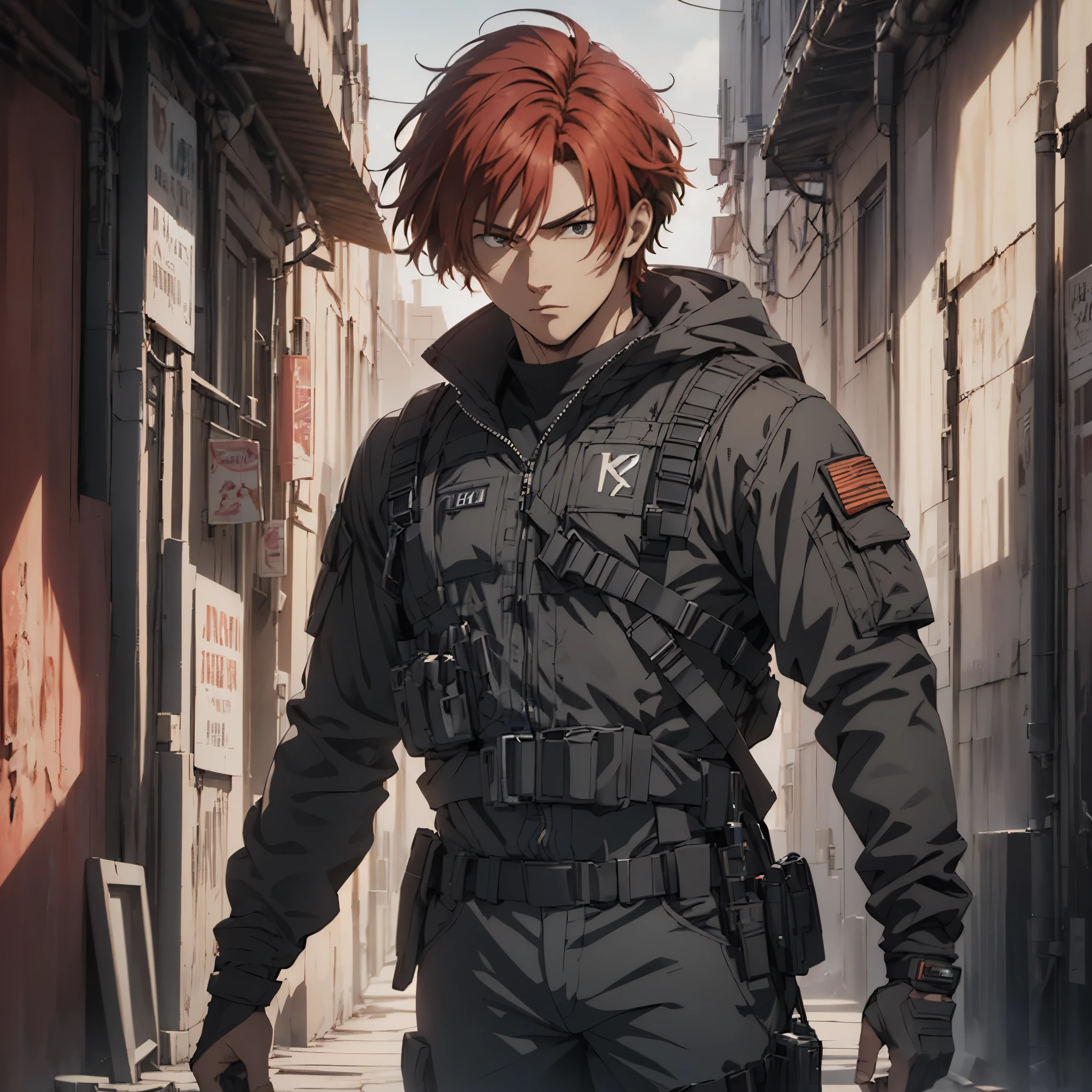 1man, handsome,  18 years old, red hair, wearing combat suit, ultra high resolution, best quality, masterpiece, rtx,ray tracing, 4k, top quality, highly detailed, official art, stunning visuals