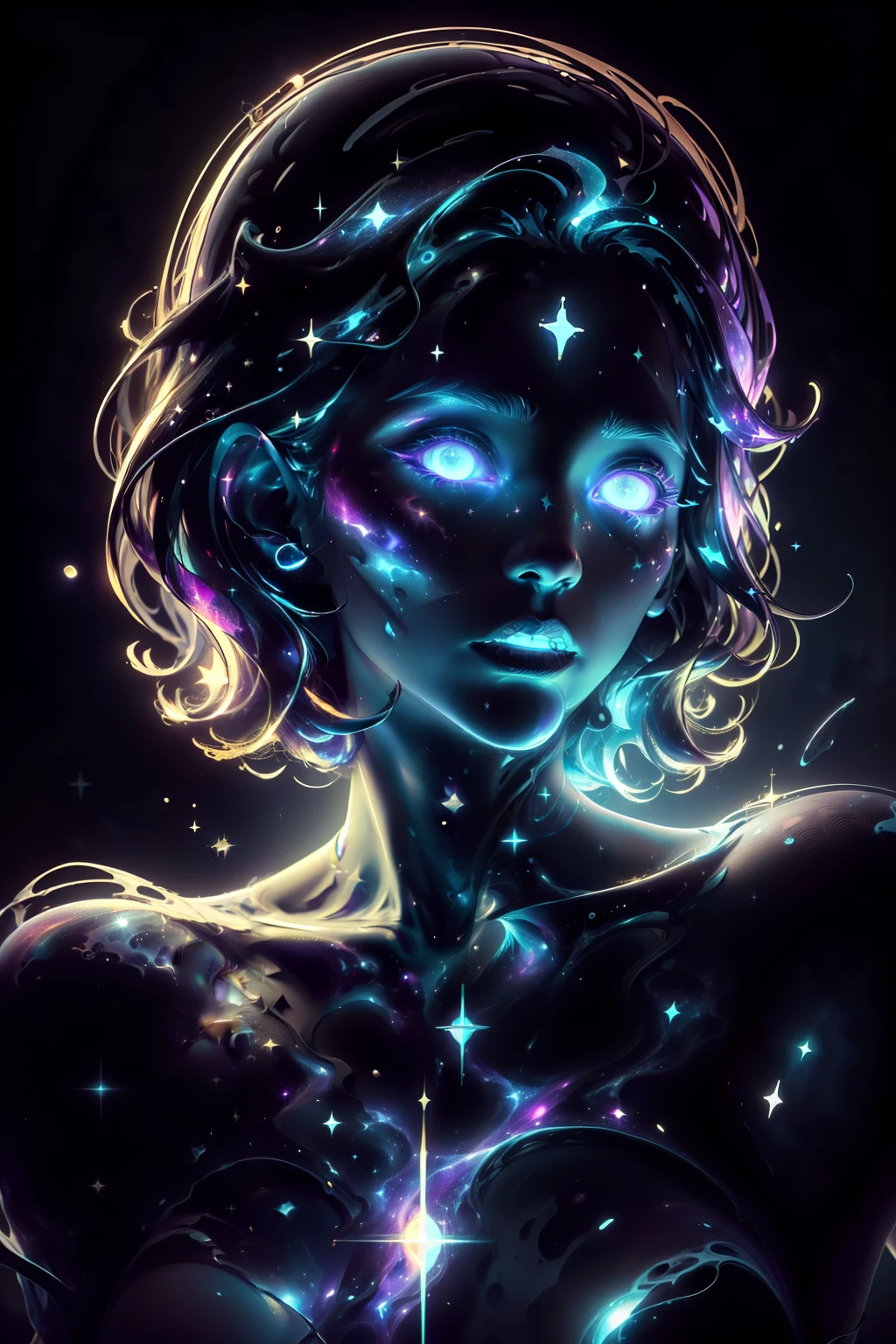 ((This is a dark masterpiece with deep shadows.)) Generate a  female dark divine being with ((pure black galaxy skin)). Her face is onyx black but still detailed and stunning. (Her face is important and has realistic shading and puffy lips). Her (opaque) eyes are luminous and shimmering in hues of purples and blues. This image is compelling with dynamic composition and energetic posing. Include many fantasy details such as bumps, phantasmal iridescence, glitter, galaxy, cosmos, ((dark celestialskin body, void cosmic body)), (((dark background))), (((lights off))), (((hollywood dark))), horror, dramatic shadows, (in a dark fantasy space:1.3, glitter, sparkle, gleam)
