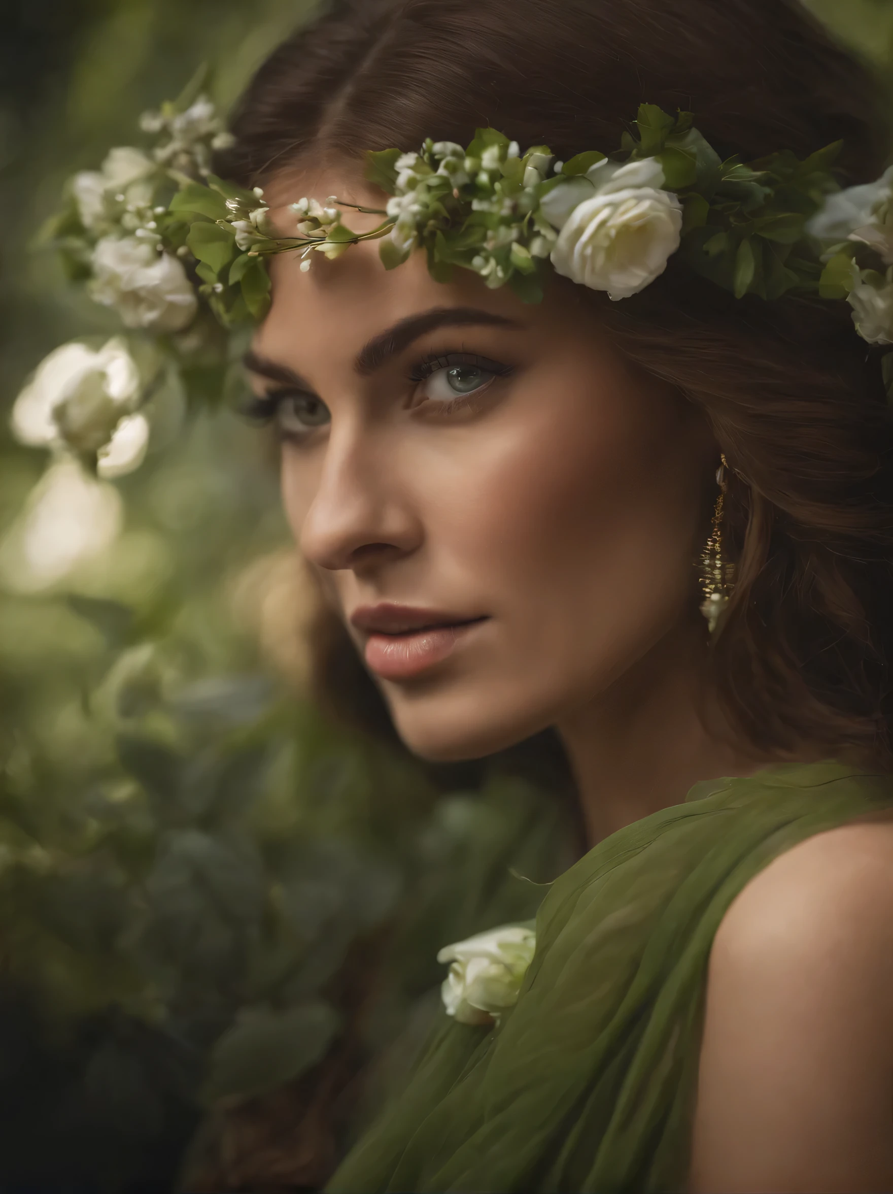 arafed woman in a green dress with a flower in her hair, sexy girl with green eyes, karol bak uhd, green dress, gorgeous woman, jaw-dropping beauty, with stunning green eyes, very beautiful woman, jaw dropping beauty, beautiful goddess, style of julia razumova, stunning beautiful, gorgeous and beautiful, with flowers