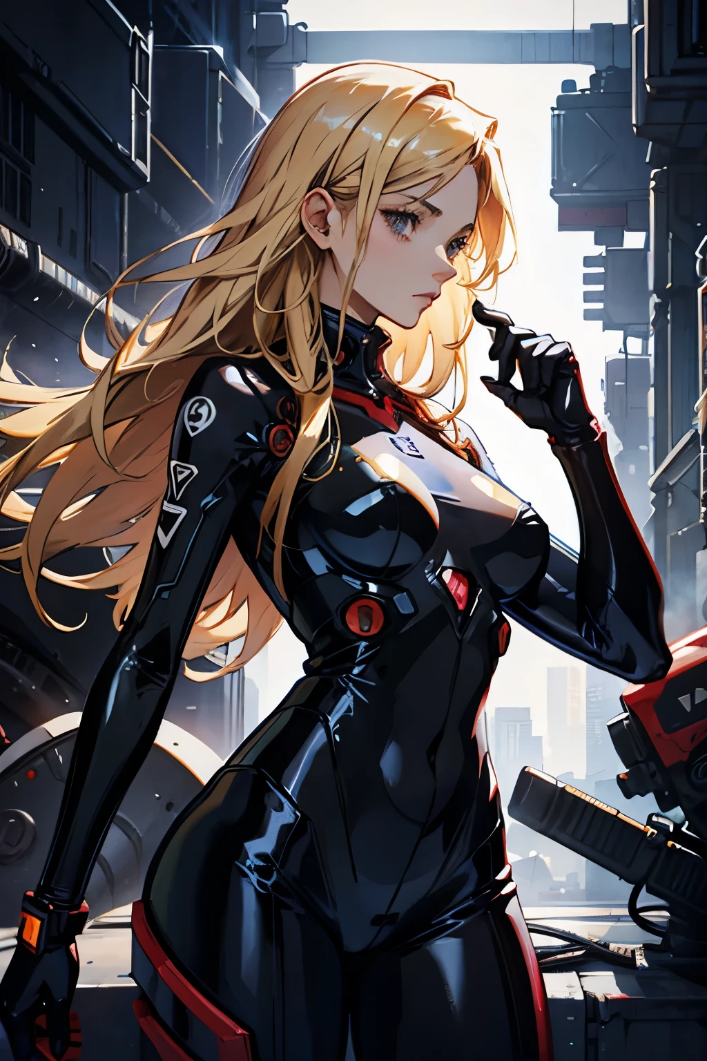 Female young woman, lithe body, curvy, very large breasts, black latex bodysuit, sci-fi, evangelion, anime, catsuit, long blonde hair, cyberpunk, mech, mech in background