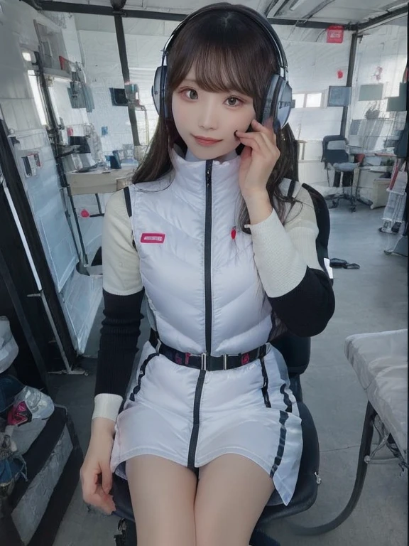 masterpiece, highest quality, Very detailed, 8K Portrait,japanese android girl,Plump , Control panel,Robotic arms and legs, Blunt bangs,,BREAK (metallic gray, metallic luster, mirror finish, astrovest):5,headphone:5,BREAK (black sleeves):100,smartwatch,futuristic space station,control room,BREAK headphone,blue eyes,(black hair):2,(long hair):1.3,look at viewer,(Respirator),BREAK blush:3,hidden hands,smile