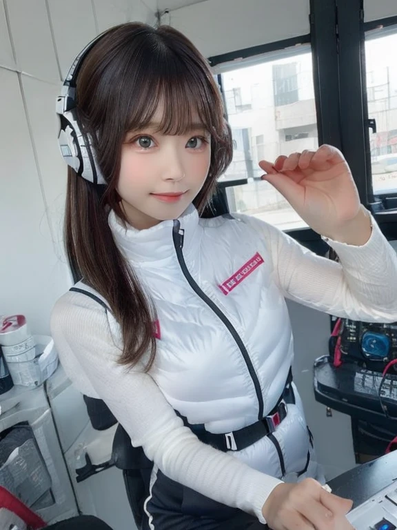 masterpiece, highest quality, Very detailed, 8K Portrait,japanese android girl,Plump , Control panel,Robotic arms and legs, Blunt bangs,,BREAK (metallic gray, metallic luster, mirror finish, astrovest):5,headphone:5,BREAK (black sleeves):100,smartwatch,futuristic space station,control room,BREAK headphone,blue eyes,(black hair):2,(long hair):1.3,look at viewer,(Respirator),BREAK blush:3,hidden hands,smile