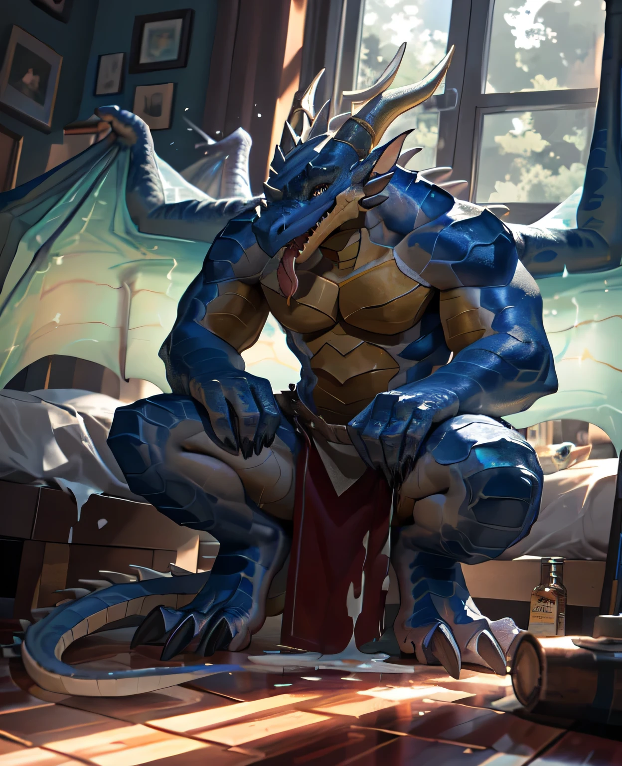 lonely, (muscular), (male human dragon):1.3, bright scales, (Kamiaki):1.3, (Common:1.4) (pray):1.23, (，wearing a short white loincloth）, exquisite eyes, lizard tail,a pair of dragon horns, a pair of dragon wings, (exquisite eyes，stripe，sharp claws，cute animal feet，Stick out your tongue，sloppy person，Liquid splashed all over the body.，water leak from lower body，Fluid leaking from the lower body，Milk spilled on the floor，shining eyes):1.1, (In my room:1.35), in the bedroom，Squatting on the bed，dim，being licked，enjoy，addicted， My face turned red，color，submit，caress，drunk，laugh，enjoy，looking at camera，submit，It is interesting，detailed background，In reality，realistic hands，8k high dynamic range，（shadow，Wide dynamic range，high dynamic range，highlight：1.2）