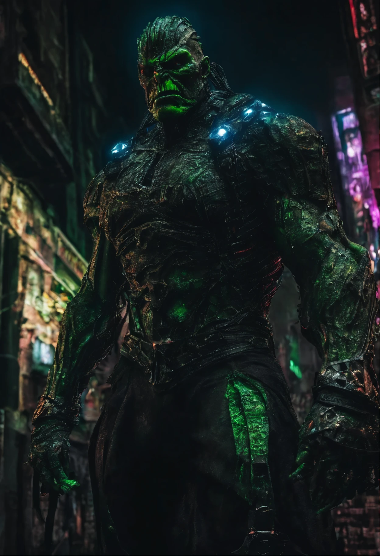 (extremely detailed 8k wallpaper), a medium shot photo of cyberpunk scary Grim dressed as a cybernetic hulk in an armour made of black leather from marvel, cyberpunk theme, intricate, high detail, dramatic, neon city lights in the background