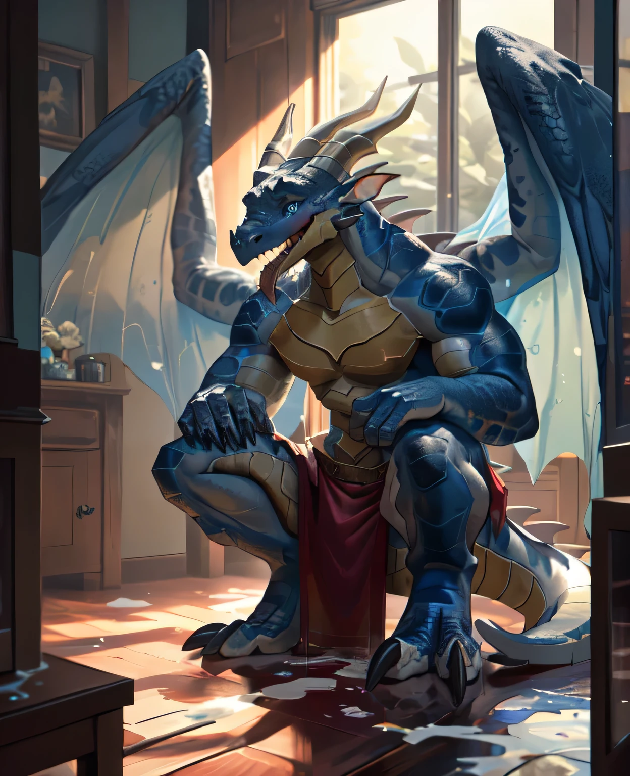 lonely, (muscular), (male human dragon):1.3, bright scales, (Kamiaki):1.3, (Common:1.4) (pray):1.23, (，wearing a short white loincloth）, exquisite eyes, lizard tail,a pair of dragon horns, a pair of dragon wings, (exquisite eyes，stripe，sharp claws，cute animal feet，Stick out your tongue，sloppy person，Liquid splashed all over the body.，water leak from lower body，Fluid leaking from the lower body，Milk spilled on the floor，shining eyes):1.1, (In my room:1.35), in the bedroom，Squatting on the bed，dim，being licked，enjoy，addicted， My face turned red，color，submit，caress，drunk，laugh，enjoy，looking at camera，submit，It is interesting，detailed background，In reality，realistic hands，8k high dynamic range，（shadow，Wide dynamic range，high dynamic range，highlight：1.2）