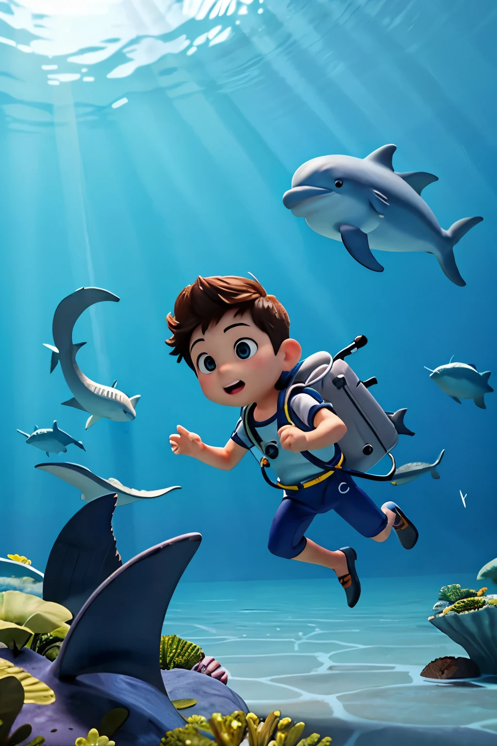A diver with a dolphin, inside deep ocean talking.