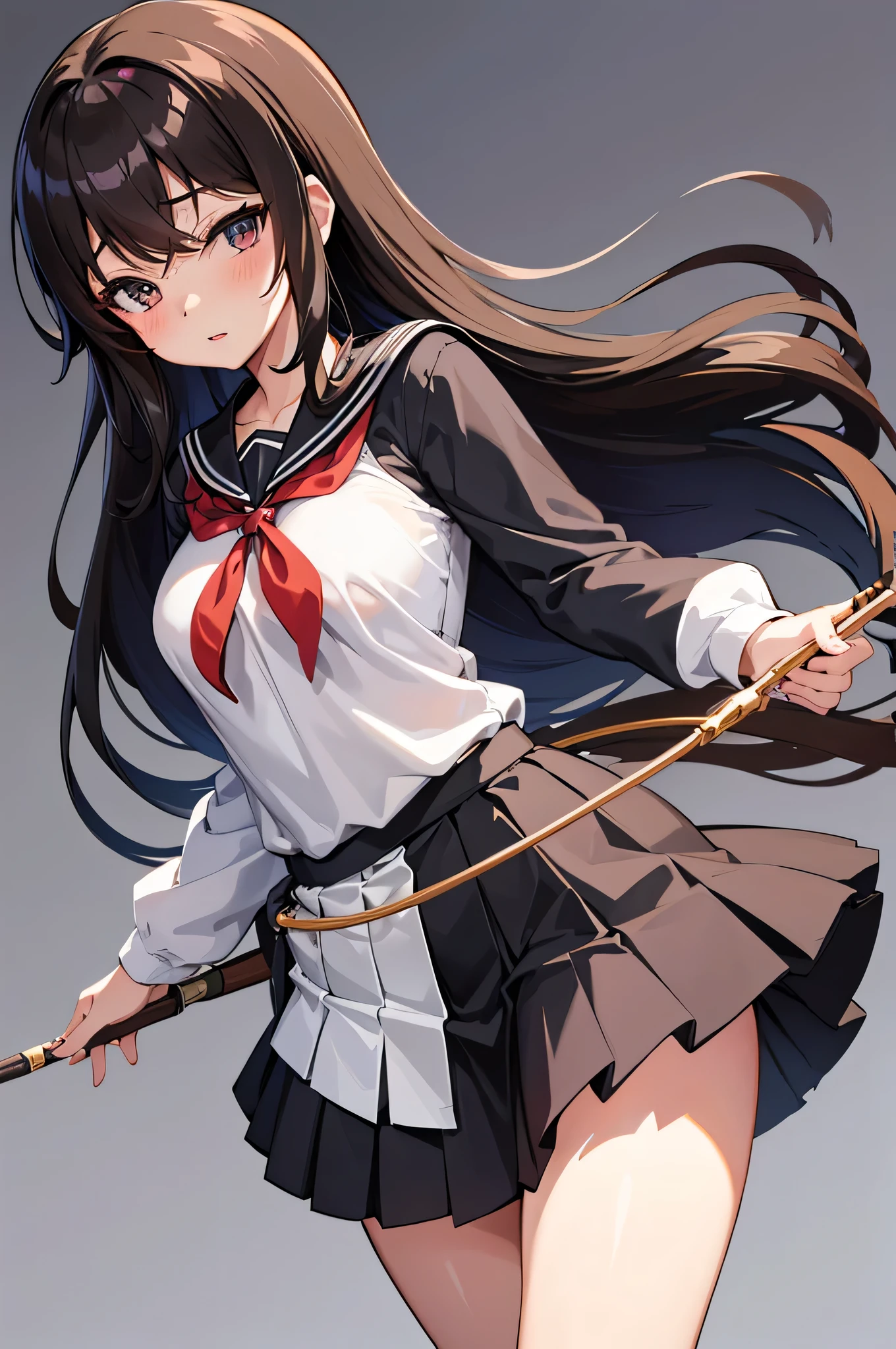 an anime character with long brown tresses and a short miniskirt in sailor very open outfit, holding a bow and arrow, 1girl, solo, lift miniskirt, sexy, very short school uniform, sexy, short serafuku, firm medium breasts, long hair, blouse with wide neckline and open unbuttoned, black hair, cowboy miniskirt, looking at viewer, white background, simple background, black serafuku, pleated skirt, blush, random low angle, uncensored, 90% nude, nsfw, all intricate details