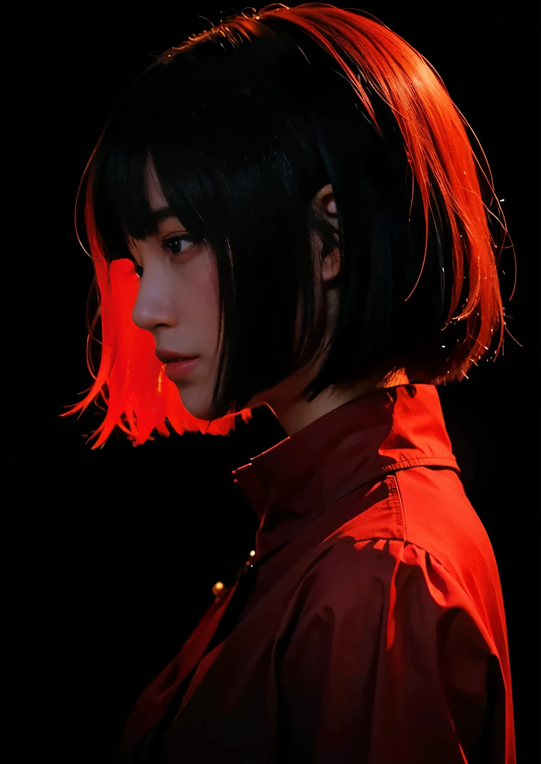 (Best quality, 8k, 32k, Masterpiece, UHD:1.2) "Generate a captivating artwork featuring a young Japanese girl model with short, sleek black hair styled in a chic bob haircut. Envision her bathed in dramatic cinematic lighting, creating an atmosphere of allure and mystery. Emphasize a romantic aesthetic vibe, showcasing the model in a poised and elegant pose that evokes a sense of intimacy and sophistication. Utilize warm and soft tones to enhance the romantic ambiance, and consider incorporating elements like flowing fabrics or flowers to add a touch of ethereal beauty. Capture the essence of romance and beauty through the model's expression, the play of light and shadows, and the overall aesthetic, creating a visually compelling and emotionally resonant piece." (perfect eyes), flawless skin, flawless face, cinematic, tight body, ((well-proportion female hands)), ((female hands with five digits))