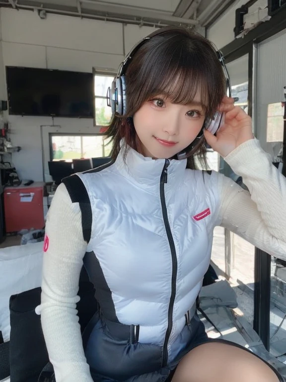 masterpiece, highest quality, Very detailed, 8K Portrait,japanese android girl,Plump , Control panel,Robotic arms and legs, Blunt bangs,,BREAK (metallic gray, metallic luster, mirror finish, astrovest):5,headphone:5,BREAK (black sleeves):100,smartwatch,futuristic space station,control room,BREAK headphone,blue eyes,(black hair):2,(long hair):1.3,look at viewer,(Respirator),BREAK blush:3,hidden hands,smile