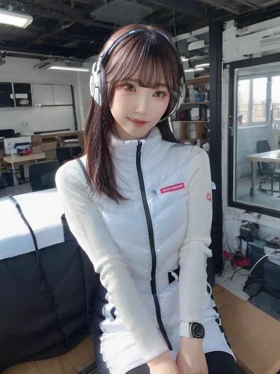 masterpiece, highest quality, Very detailed, 8K Portrait,japanese android girl,Plump , Control panel,Robotic arms and legs, Blunt bangs,,BREAK (metallic gray, metallic luster, mirror finish, astrovest):5,headphone:5,BREAK (black sleeves):100,smartwatch,futuristic space station,control room,BREAK headphone,blue eyes,(black hair):2,(long hair):1.3,look at viewer,(Respirator),BREAK blush:3,hidden hands,smile