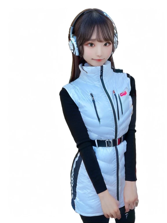 masterpiece, highest quality, Very detailed, 8K Portrait,japanese android girl,Plump , Control panel,Robotic arms and legs, Blunt bangs,,BREAK (metallic gray, metallic luster, mirror finish, astrovest):5,headphone:5,BREAK (black sleeves):100,smartwatch,futuristic space station,control room,BREAK headphone,blue eyes,(black hair):2,(long hair):1.3,look at viewer,(Respirator),BREAK blush:3,hidden hands,smile