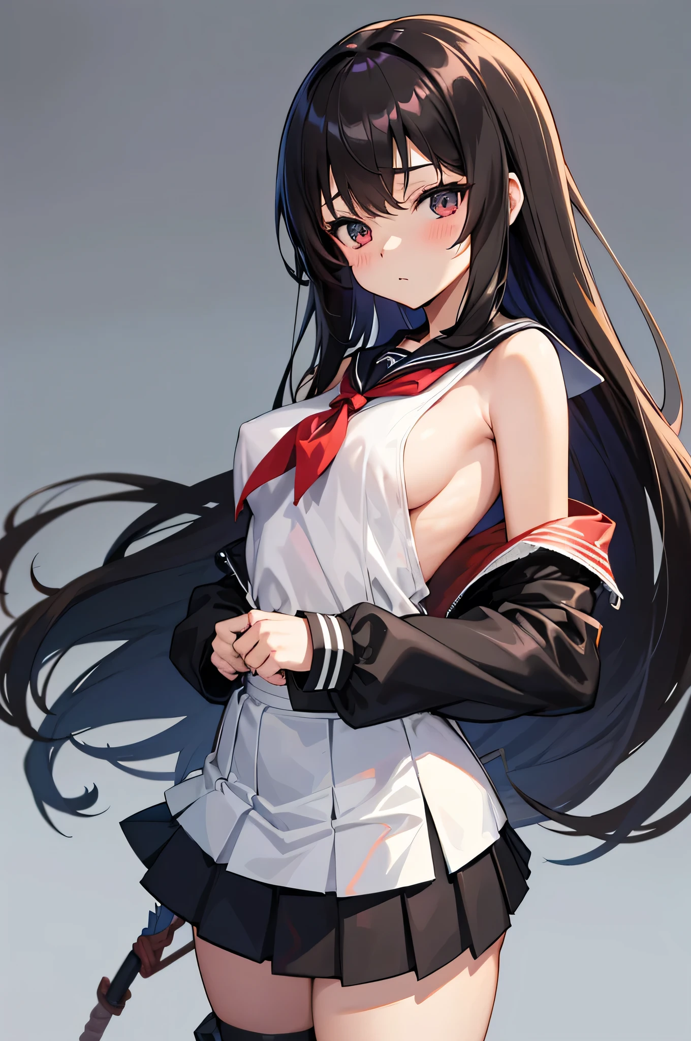 an anime character with long brown tresses and a short miniskirt in sailor very open outfit, holding a bow and arrow, 1girl, solo, lift miniskirt, sexy, very short school uniform, sexy, short serafuku, firm medium breasts, long hair, blouse with wide neckline and open unbuttoned, black hair, cowboy miniskirt, looking at viewer, white background, simple background, black serafuku, pleated skirt, blush, random low angle, uncensored, 90% nude, nsfw, all intricate details