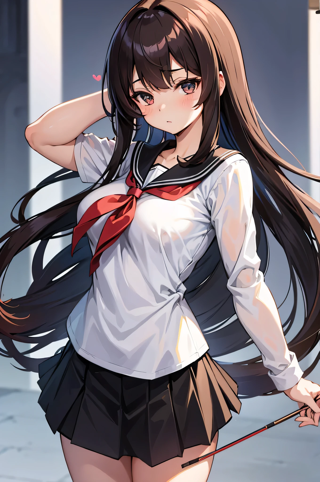 an anime character with long brown tresses and a short miniskirt in sailor very open outfit, holding a bow and arrow, 1girl, solo, lift miniskirt, sexy, very short school uniform, sexy, short serafuku, firm medium breasts, long hair, blouse with wide neckline and open unbuttoned, black hair, cowboy miniskirt, looking at viewer, white background, simple background, black serafuku, pleated skirt, blush, random low angle, uncensored, 90% nude, nsfw, all intricate details