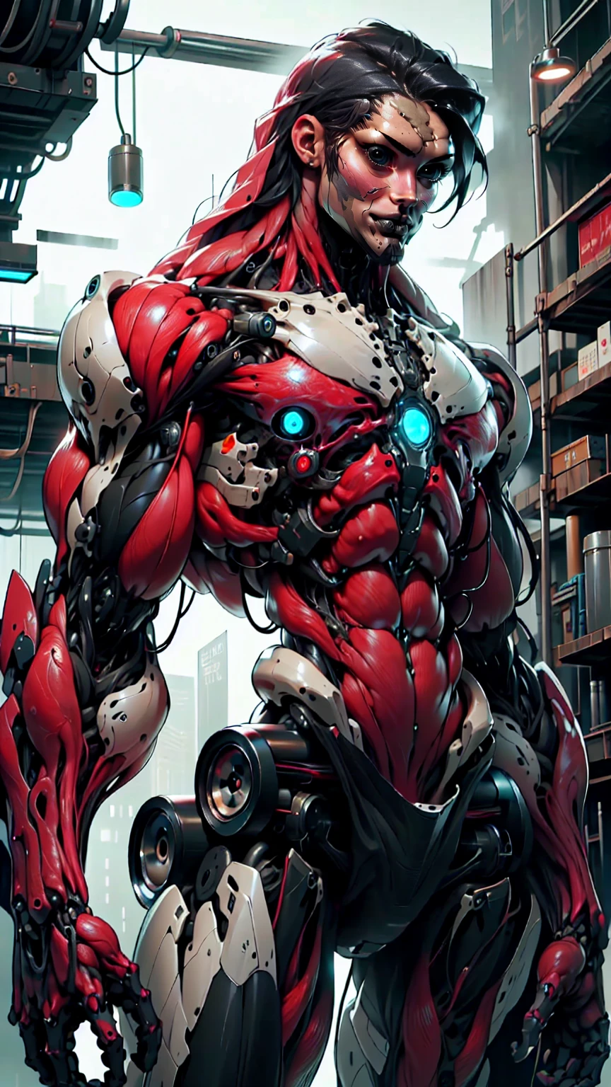 (1 girl), (megan fox:1.25), (muscular android girl wearing a red anatomic bio-mecha cybernetic muscle suit:1.25), (wide shoulders:1.25), (muscular defined physique:1.25), perfect hands, (long hair:1.25), looking at viewer, high resolution image, extreme detail, blank background