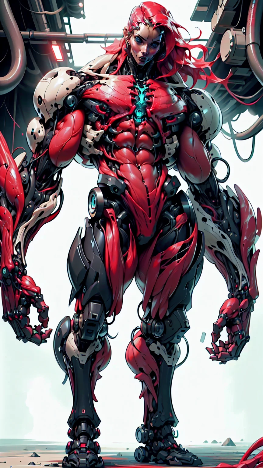 (1 girl), (megan fox:1.25), (muscular android girl wearing a red anatomic bio-mecha cybernetic muscle suit:1.25), (wide shoulders:1.25), (muscular defined physique:1.25), perfect hands, (long hair:1.25), looking at viewer, high resolution image, extreme detail, blank background
