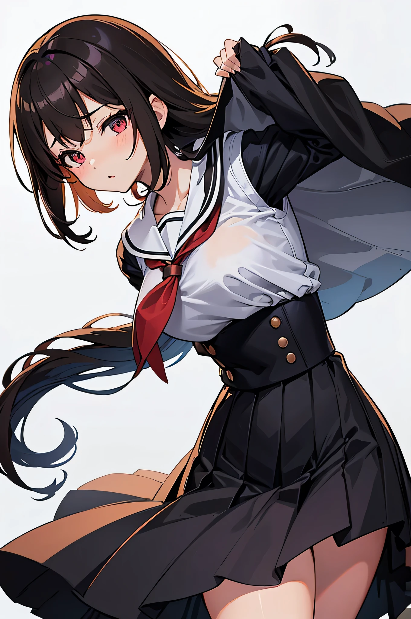 an anime character with long brown tresses and a short miniskirt in sailor very open outfit, holding a bow and arrow, 1girl, solo, lift miniskirt, sexy, very short school uniform, very open school uniform, sexy, short serafuku, firm medium breasts, long hair, blouse with wide neckline and open unbuttoned, black hair, cowboy miniskirt, looking at viewer, white background, simple background, black serafuku, pleated skirt, blush, random low angle, uncensored, 90% nude, nsfw, all intricate details, blusa desgarrada y se ven los senos
