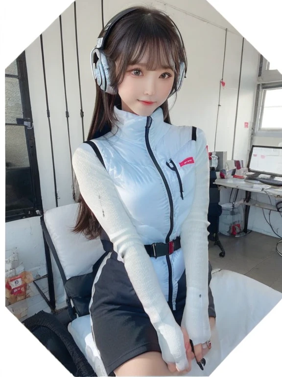 masterpiece, highest quality, Very detailed, 8K Portrait,japanese android girl,Plump , Control panel,Robotic arms and legs, Blunt bangs,,BREAK (metallic gray, metallic luster, mirror finish, astrovest):5,headphone:5,BREAK (black sleeves):100,smartwatch,futuristic space station,control room,BREAK headphone,blue eyes,(black hair):2,(long hair):1.3,look at viewer,(Respirator),BREAK blush:3,hidden hands,smile