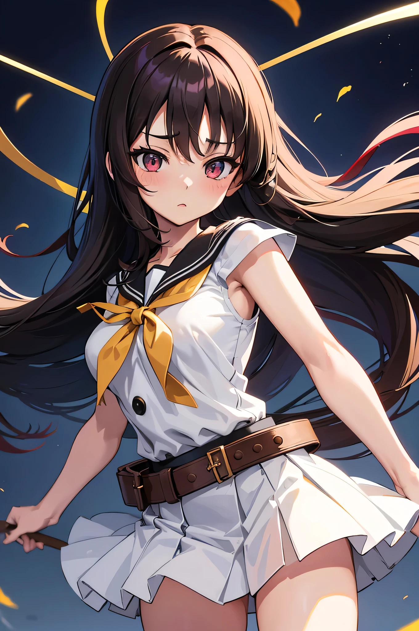 an anime character with long brown tresses and a short miniskirt in sailor very open outfit, holding a bow and arrow, 1girl, solo, lift miniskirt, sexy, very short school uniform, very open school uniform, sexy, short serafuku, firm medium breasts, long hair, blouse with wide neckline and open unbuttoned, black hair, cowboy miniskirt, looking at viewer, white background, simple background, black serafuku, pleated skirt, blush, random low angle, uncensored, 90% nude, nsfw, all intricate details, blusa desgarrada y se ven los senos