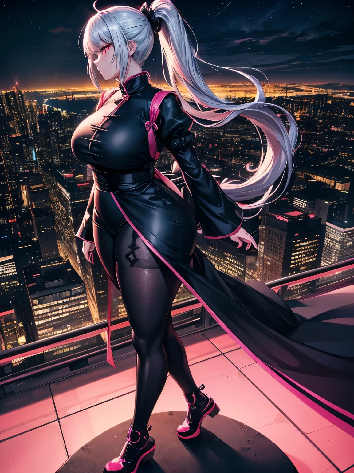 anime, (artwork, best quality, ultra-detailed, high contrast), 1 woman (Alone, full body, plus size body, standing on the edge of the skyscraper, silver hair, LONG In a ponytail, red eyes, perfect eyes ruby sparkles, (simple black qipao, black cybernetics with neon pink), transparent black socks), (skyscraper roof, overlooking a city, detailed background ((night time, Darkness, low light pollution)))