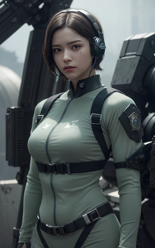 Dark Body 8K Drive Rendering, 1 lady, anatomy correct, Green Shortcut Hair, Wear wearing rash-guard likes police uniform, black and gray mecha, wearing high-tech heavy headset, military harness, holding a machinegun, battle armor, battle posing, Skin pores, Detailed complex iris, very dark lighting, heavy shadow, Detailed and detailed face, ((photos realistic, realist, Dramatic, murky, sharp focus)),
