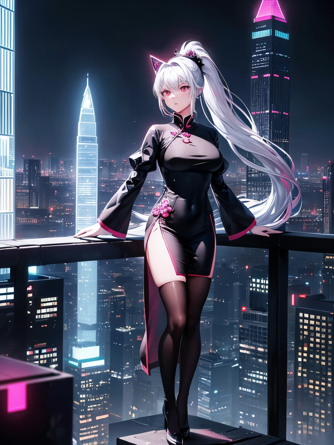 anime, (artwork, best quality, ultra-detailed, high contrast), 1 woman (Alone, full body, plus size body, standing on the edge of the skyscraper, silver hair, LONG In a ponytail, red eyes, perfect eyes ruby sparkles, (simple black qipao, black cybernetics with neon pink), transparent black socks), (skyscraper roof, overlooking a city, detailed background ((night time, Darkness, low light pollution)))