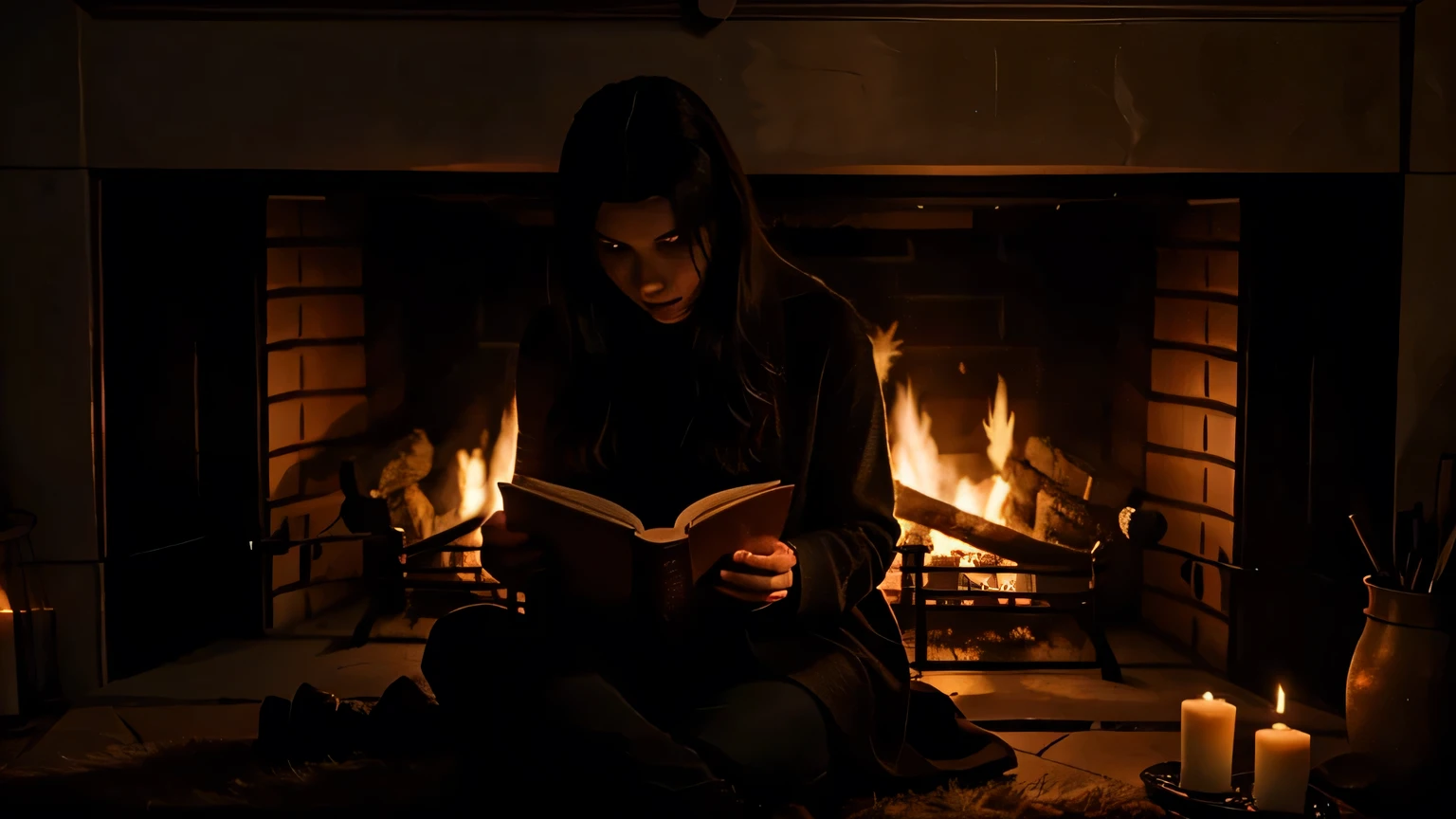 a woman sitting by a fireplace reading a book, dark environment, candlelight, horror scene
