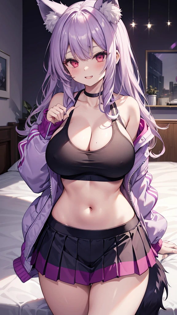 Wolf Girl, Large Breasts, Voluminous, messy, light purple hair, masterpiece , Red eyes, hd, Head to Chest, Put in your chest、 tooth、Double teeth,, On the bed、Thick thighs、Grinning、Knitted sports bra、mini skirt、Big Tits、Open your mouth、Jacket、Show your pants、Striped panties