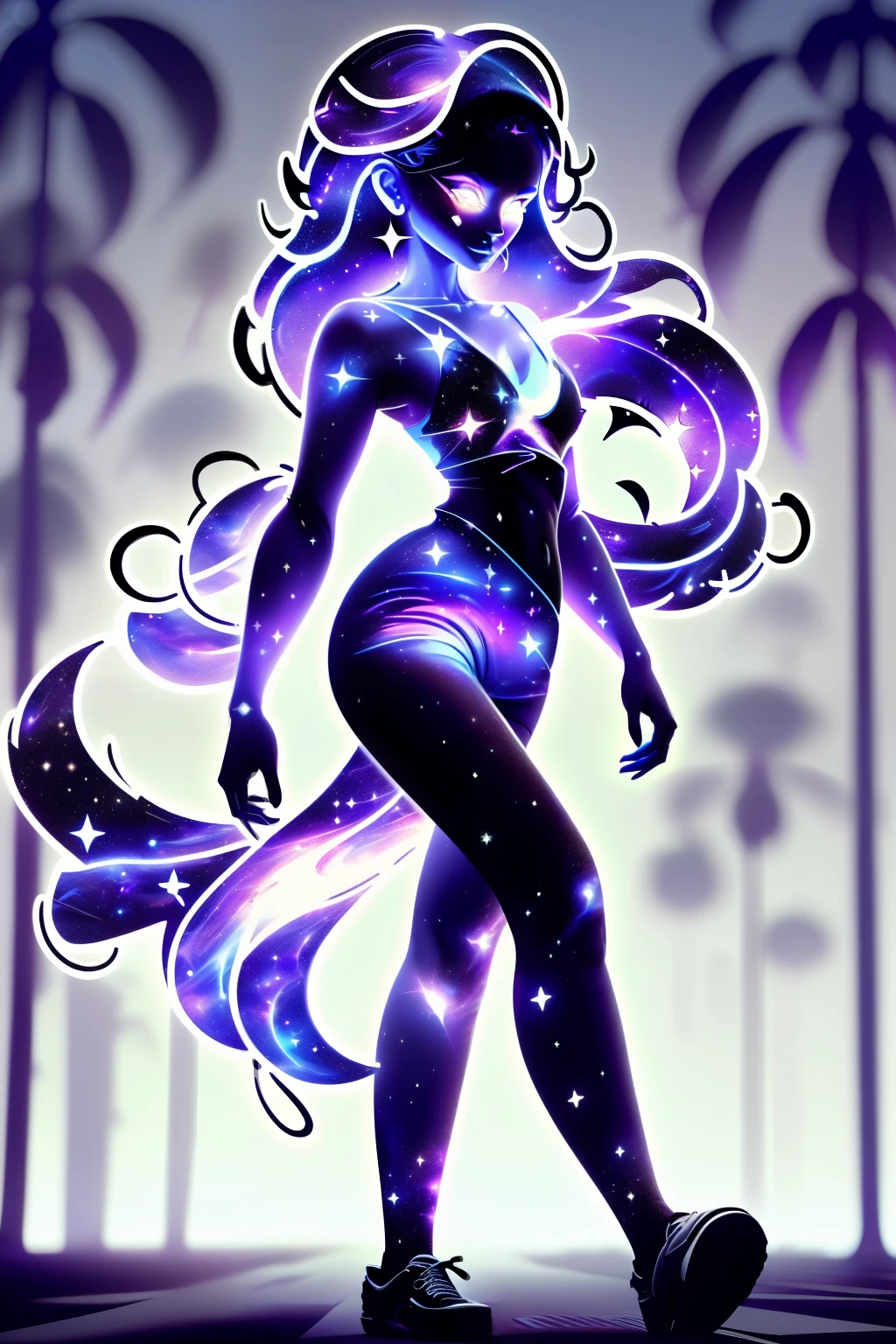 ((This is a dark masterpiece with deep shadows.)) Generate a  female dark divine being with ((pure black galaxy skin)). Her face is onyx black but still detailed and stunning. (Her face is important and has realistic shading and puffy lips). Her (opaque) eyes are luminous and shimmering in hues of purples and blues. (Her torso is important). This image is compelling with dynamic composition and energetic posing. Include many fantasy details such as bumps, phantasmal iridescence, glitter, galaxy, cosmos, ((dark celestialskin body, void cosmic body)), (((dark background))), (((lights off))), (((hollywood dark))), horror, dramatic shadows, (in a dark fantasy space:1.3, glitter, sparkle, gleam), female torso
