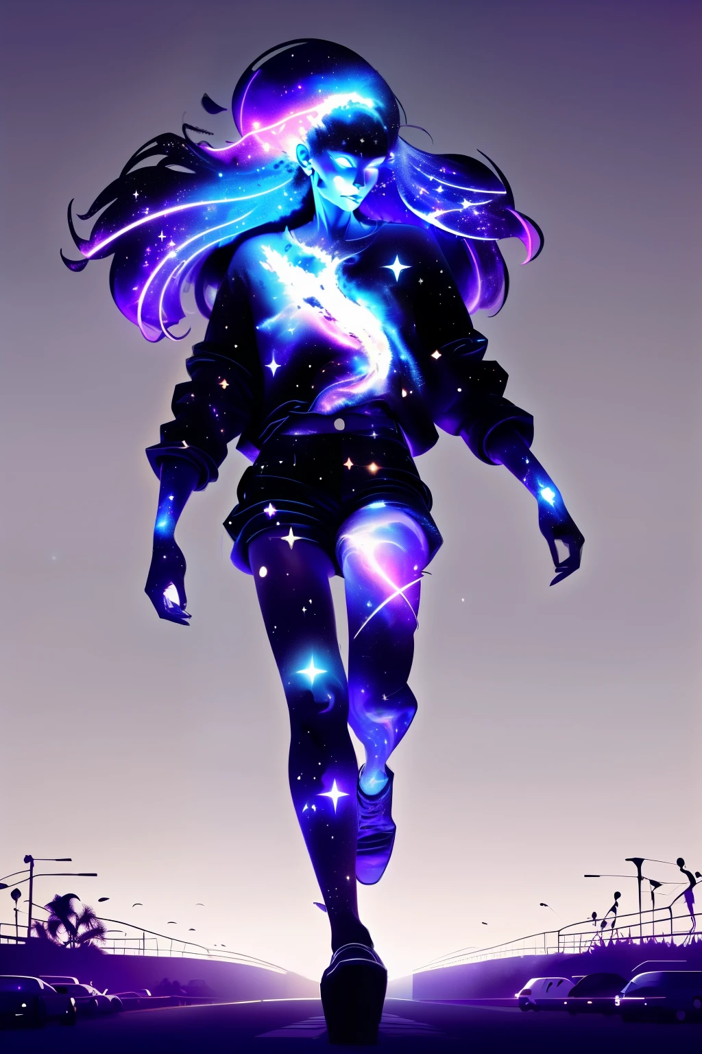 ((This is a dark masterpiece with deep shadows.)) Generate a  female dark divine being with ((pure black galaxy skin)). Her face is onyx black but still detailed and stunning. (Her face is important and has realistic shading and puffy lips). Her (opaque) eyes are luminous and shimmering in hues of purples and blues. (Her torso is important). This image is compelling with dynamic composition and energetic posing. Include many fantasy details such as bumps, phantasmal iridescence, glitter, galaxy, cosmos, ((dark celestialskin body, void cosmic body)), (((dark background))), (((lights off))), (((hollywood dark))), horror, dramatic shadows, (in a dark fantasy space:1.3, glitter, sparkle, gleam), female torso
