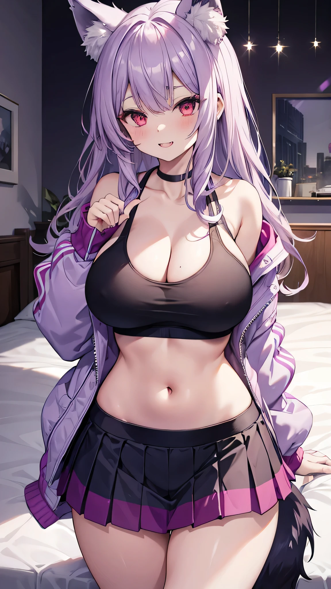 Wolf Girl, Large Breasts, Voluminous, messy, light purple hair, masterpiece , Red eyes, hd, Head to Chest, Put in your chest、 tooth、Double teeth,, On the bed、Thick thighs、Grinning、Knitted sports bra、mini skirt、Big Tits、Open your mouth、Jacket、Show your pants、Striped panties