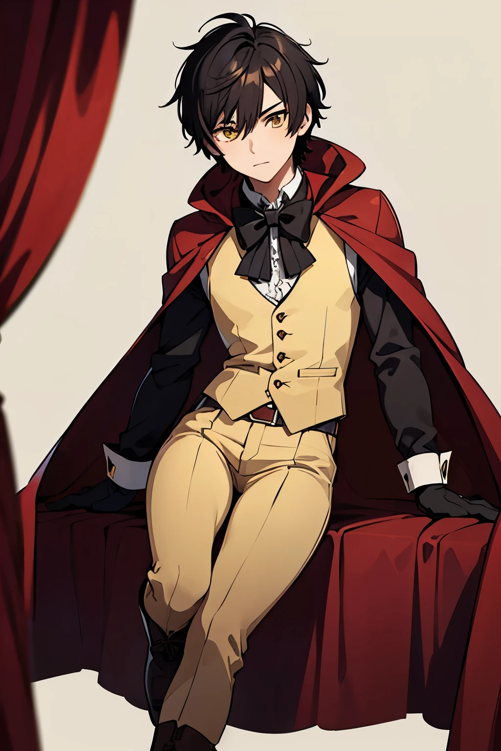 Anime male, short black hair, yellow eyes, elegant,((best quality)), ((highly detailed)), masterpiece, puffy shirt, big bowtie, vest, brown boots, red hood, red cape, frills, The sleeves are wide at the hem, long sleeve shirt, black gloves.
