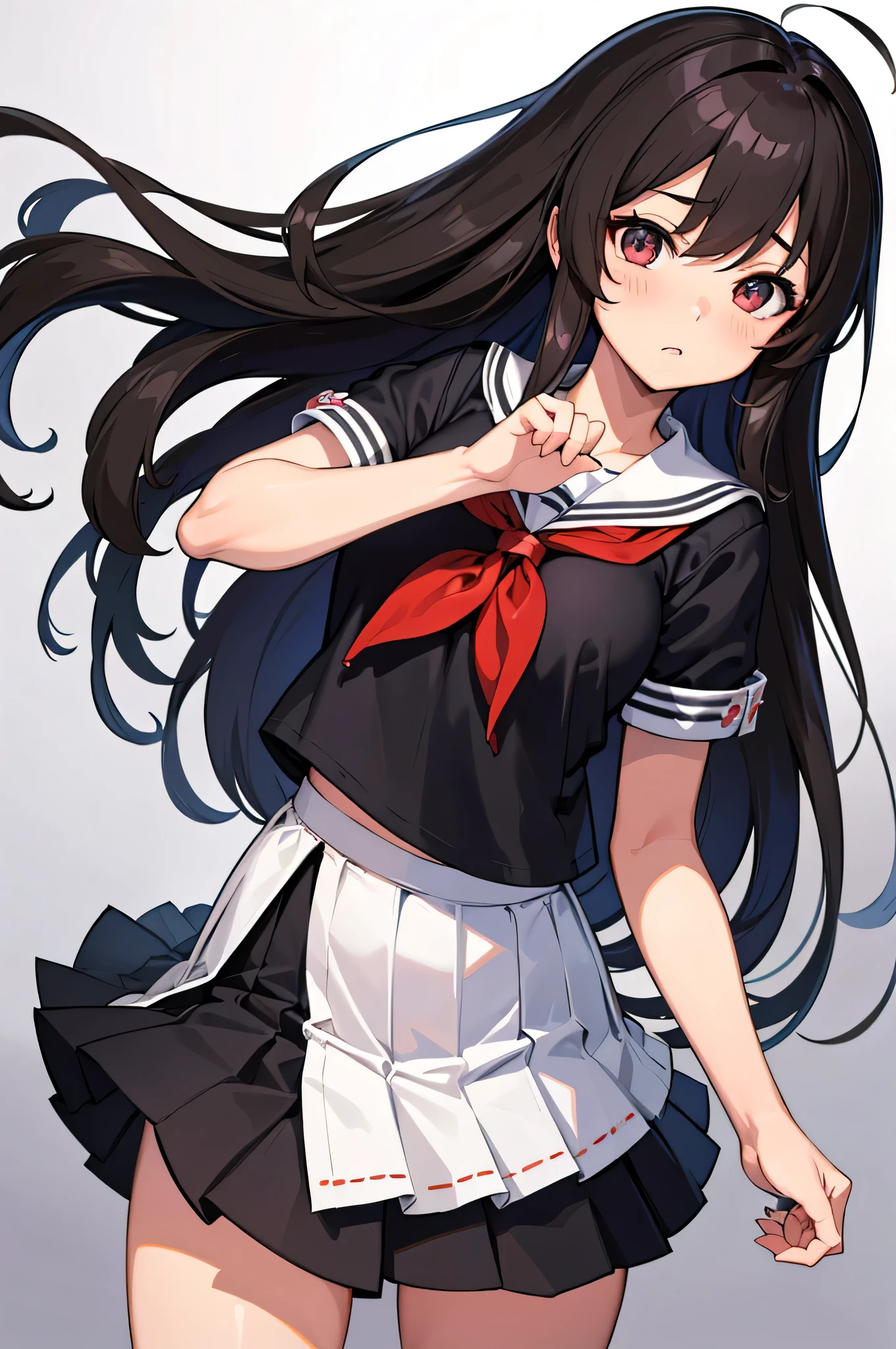 an anime character with long brown tresses and a short miniskirt in sailor very open outfit, holding a bow and arrow, 1girl, solo, lift miniskirt, sexy, very short school uniform, very sexy, sea precia el cuerpo desnudo tras la ropa, short serafuku, firm medium breasts, long hair, black hair, cowboy miniskirt, looking at viewer, white background, simple background, black serafuku, pleated skirt, blush, random low angle, uncensored, 90% nude, nsfw, all intricate details