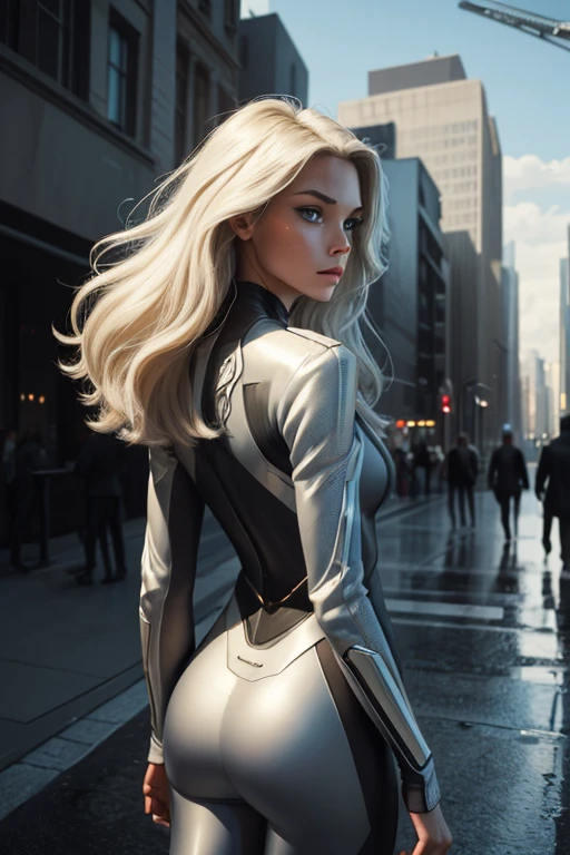 (((medium full shot))), (Masterpiece, photorealistic, photorealism, best quality, ultra-detailed:1.3), (nice hands, perfect hands), official art, cinematic light, (1girl:1.3), adult, digital art, realistic 3D illustration, flawless detailed eyes, soft lighting, contemplative expression, high-resolution, detailed texture, emotional depth, dramatic mood, serene atmosphere, cinematic lighting. girl, comic book art, rough colored sketch, futuristic one-piece suit, slender, bluek eyes, platinum blonde long hair, from back, Futuristic street scene in background