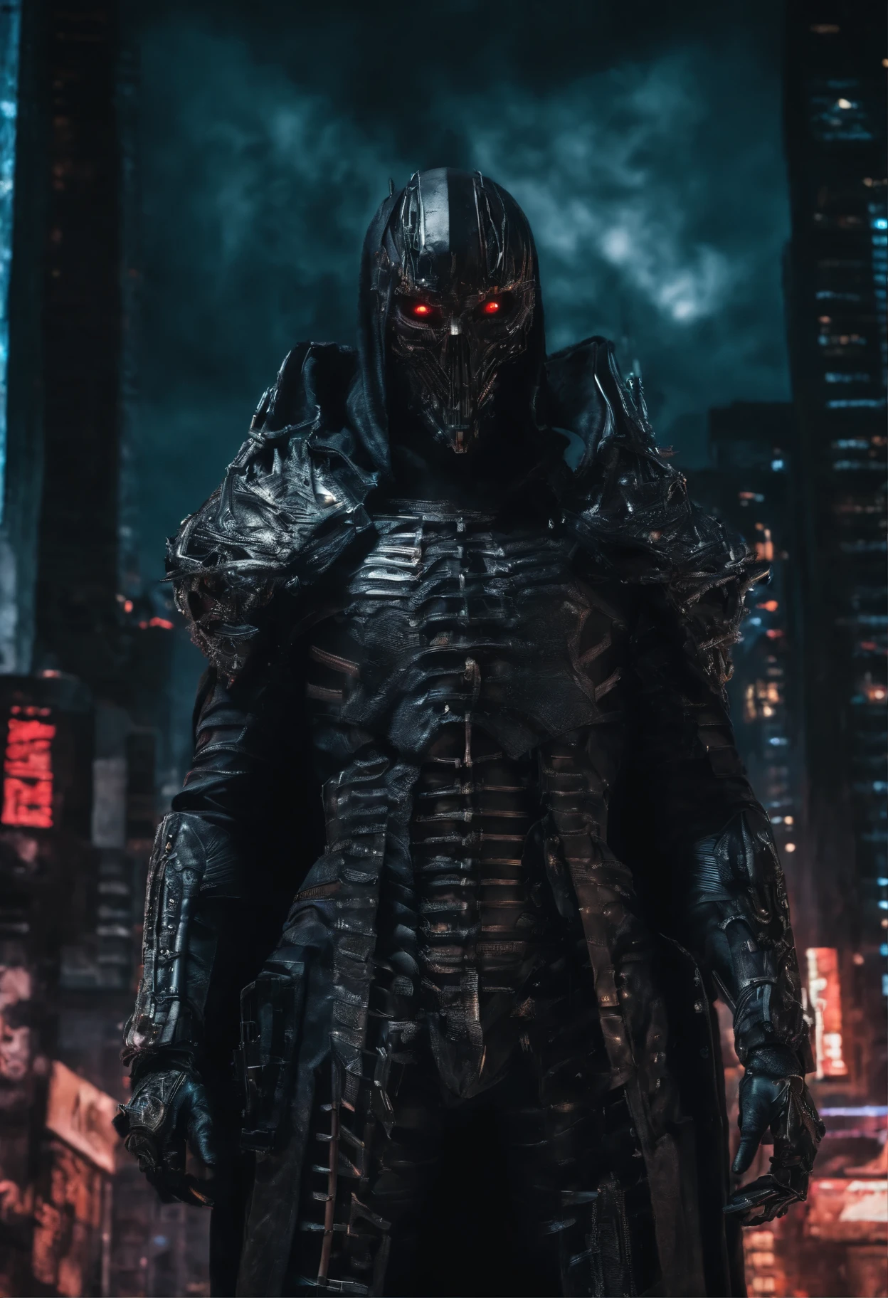 (extremely detailed 8k wallpaper), a medium shot photo of cyberpunk scary Grim dressed as a cybernetic Grim in an armour made of black leather from marvel, cyberpunk theme, intricate, high detail, dramatic, neon city lights in the background