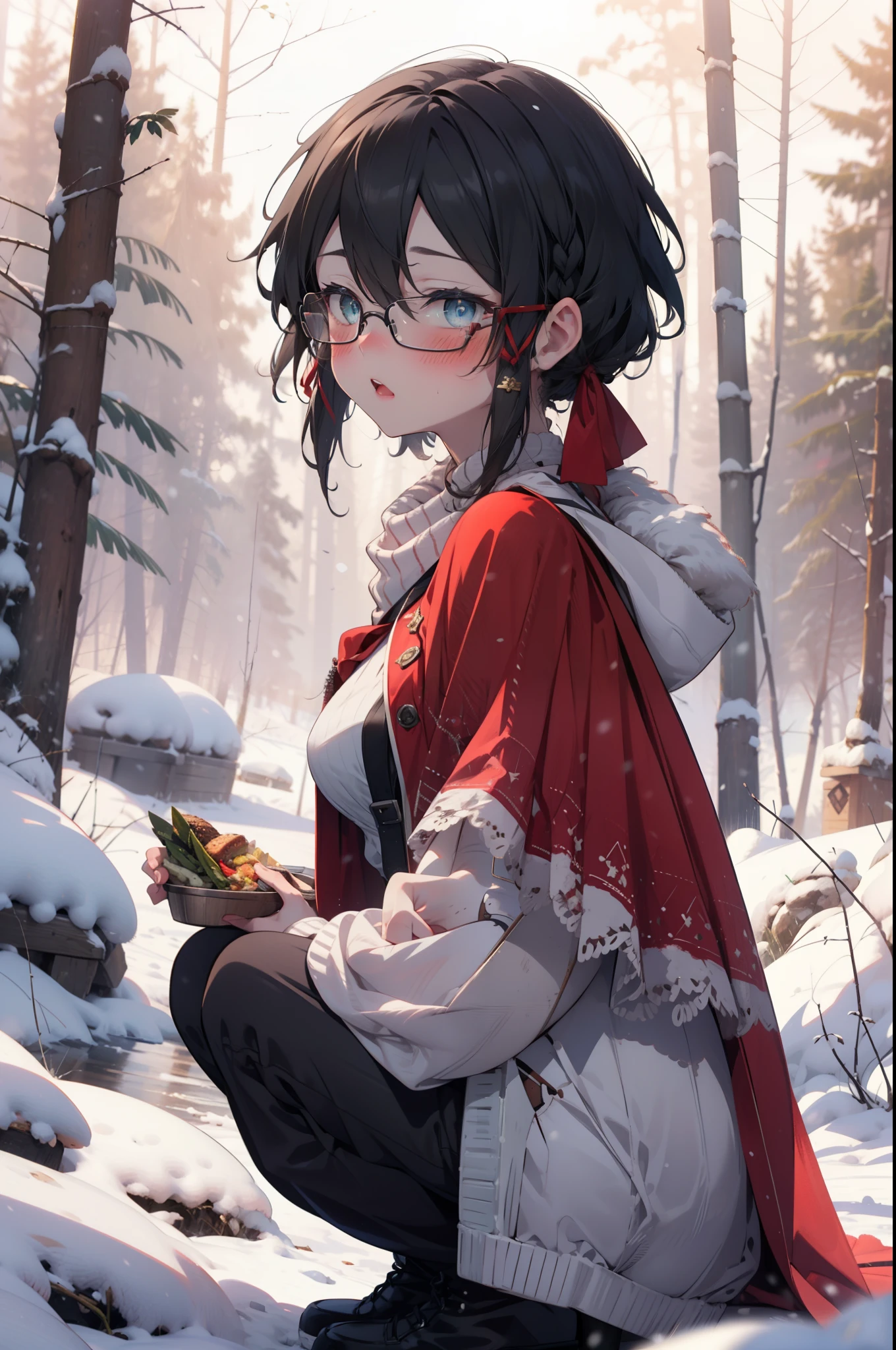 Shino Asada, Shino Asada, (black eye:1.5), Black Hair, Hair between the eyes, Hair Ribbon, short hair, Side Lock, Glasses, (Small breasts:1.2),blush,White Breath,
Open your mouth,snow,Ground bonfire, Outdoor, boots, snowing, From the side, wood, suitcase, Cape, Blurred, having meal, forest, White handbag, nature,  Squat, Mouth closed, Cape, winter, Written boundary depth, Black shoes, red Cape break looking at viewer, Upper Body, whole body, break Outdoor, forest, nature, break (masterpiece:1.2), highest quality, High resolution, unity 8k wallpaper, (shape:0.8), (Beautiful and beautiful eyes:1.6), Highly detailed face, Perfect lighting, Highly detailed CG, (Perfect hands, Perfect Anatomy),