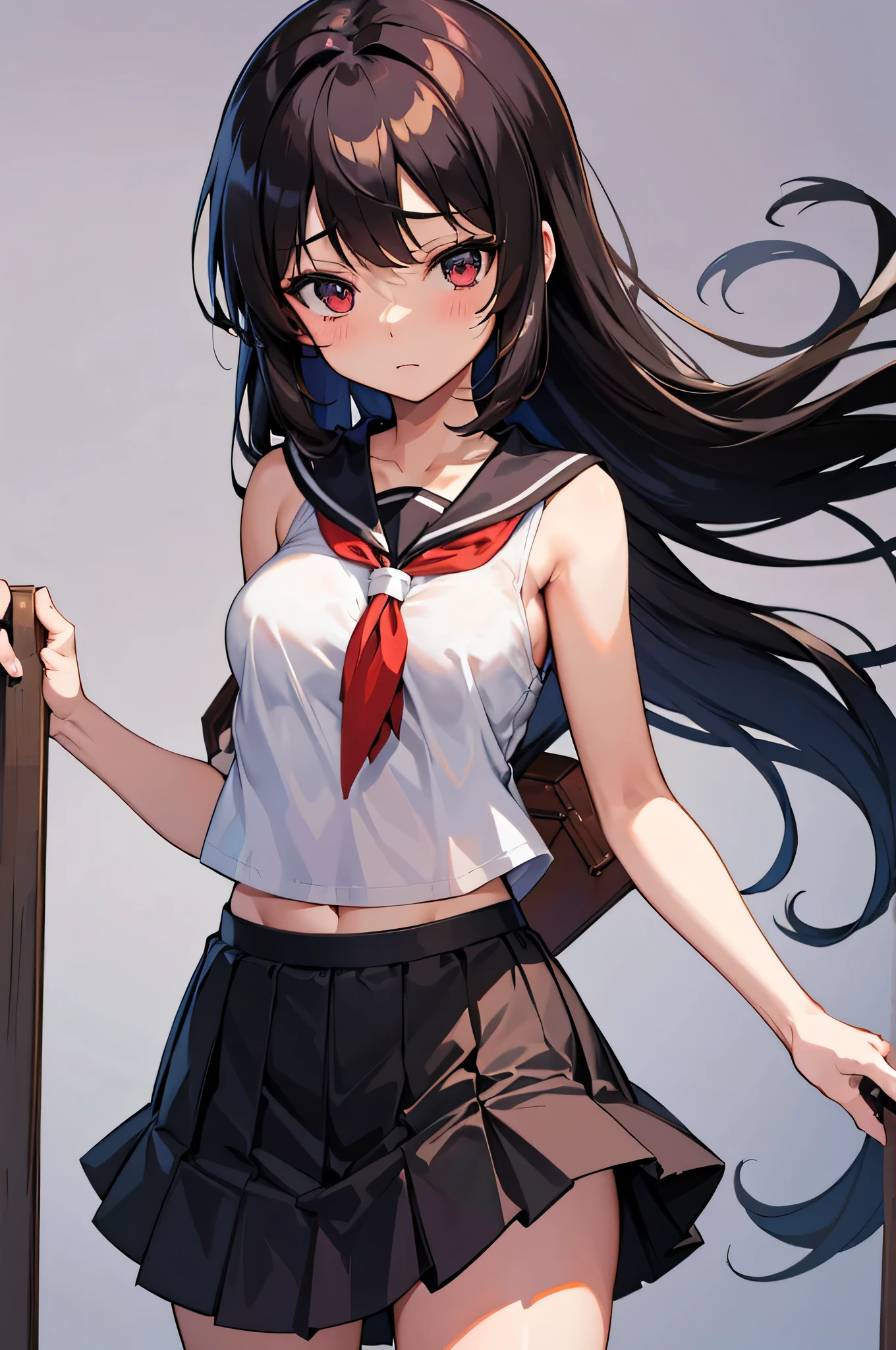 an anime character with long brown tresses and a short miniskirt in sailor very open outfit, holding a bow and arrow, 1girl, solo, lift miniskirt, sexy, very short school uniform, very sexy, se aprecia el cuerpo desnudo tras la ropa, short serafuku, firm medium breasts, long hair, black hair, cowboy miniskirt, looking at viewer, white background, simple background, black serafuku, pleated skirt, blush, random low angle, uncensored, 90% nude, nsfw, all intricate details